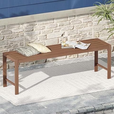 DIFY Backless Patio Outdoor Garden Bench, Walnut Metal Outdoor Dining Bench for Lawn, Park and Backyard Cover