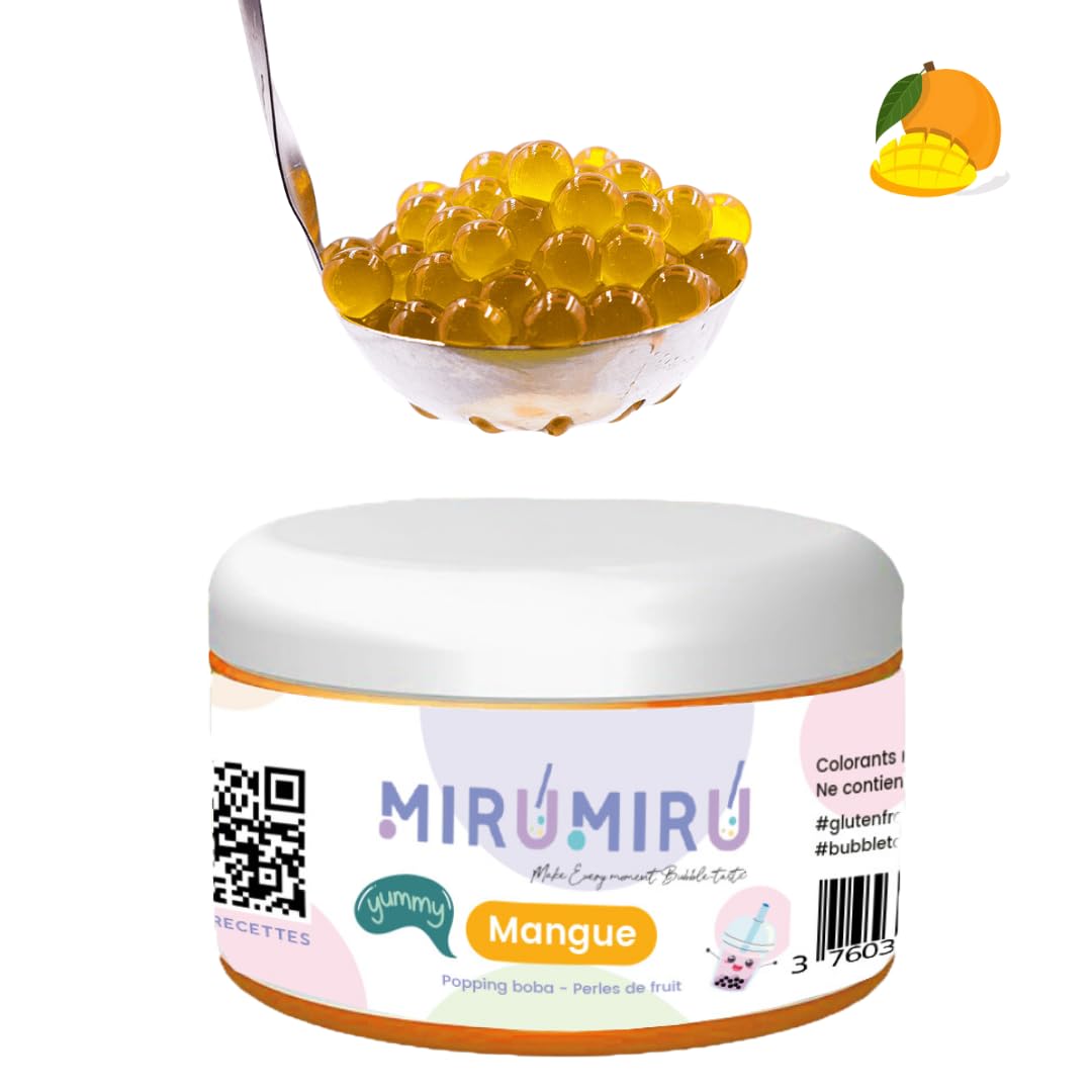 MiruMiru - POPPING BOBA ORIGINAL pour Bubble tea - Mangue - 140g - sans colorants artificiels, moins de sucre, 100% VÉGÉTALIEN et SANS GLUTEN