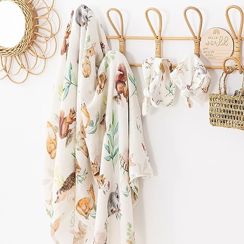 Image of BabyWhale Muslin Swaddle Blanket with Hat and Headband Bow, Animals Print Swaddle Set for Baby Boys & Girls, Newborn Silky Soft Receiving Blanket Wrap, 47x47 inches