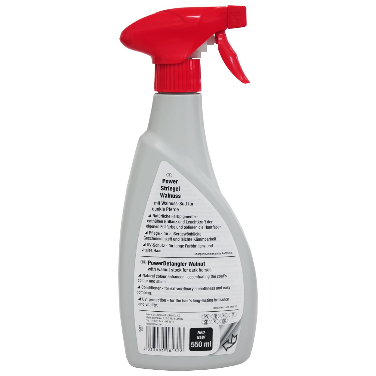 Leovet Power Desenredante Nuez Botella con Spray | 550 ml | Cuidado del Pelaje para Caballos de Pelaje Oscuro | Desenredado rápido de la Crin y la Cola | Conforme a ADMR, sin Tiempo de Espera