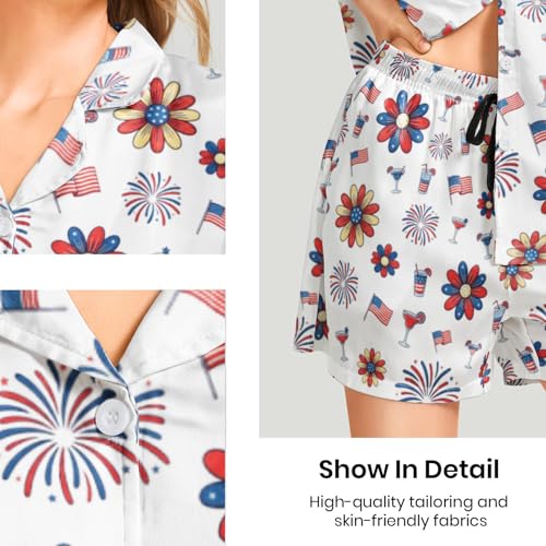 Image of Funny Pajamas for Women Set Print Satin Loungewear Pjs Short Sleeve Button Down Top and Shorts Sets Sleepwear XS-3XL