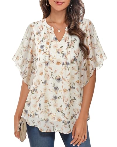 VALOLIA Womens Blouses Dressy Casual V Neck Chiffon Ruffle Short Sleeve Shirts Double Layers Tops