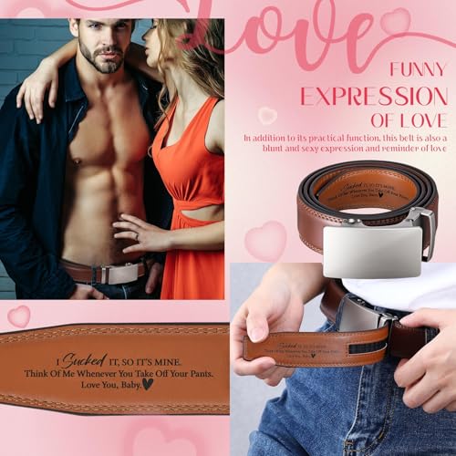 Image of Mens Belt Personalized Engraved I Sucked It So Its Mine Belt Leather Slide Ratchet for Husband Wedding Dress Casual