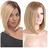 BERON 15'' Short Straight Dark Roots Ombre Blonde Bob Wigs Side Part Wig with No Bangs Wig Cap Included (Brown Ombre Blonde)