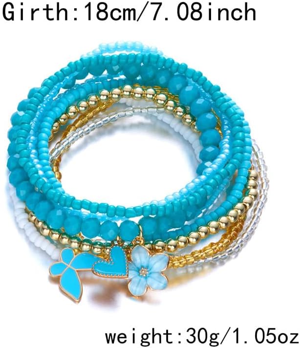 Caiyao 9Pcs Bohemian Multilayer Flower Heart Butterfly Pendant Elastic Bracelets Colorful Stackable Seed Beaded Stretch Bracelet Hawaii Friendsgip Wristbands for Women Summer Beach Vacation Jewelry - Image 2