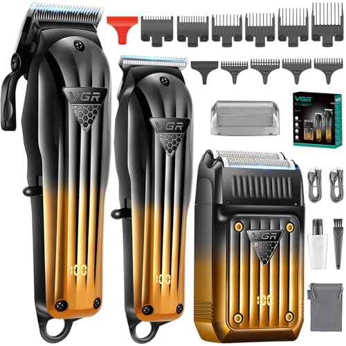 VGR 644 Tondeuse pour Hommes Professionnelle, Tondeuse à Barbe Sans Fil & Rasoir Électrique, Kit de Coupe de Cheveux Rechargeable 3 Pièces avec Écran LED