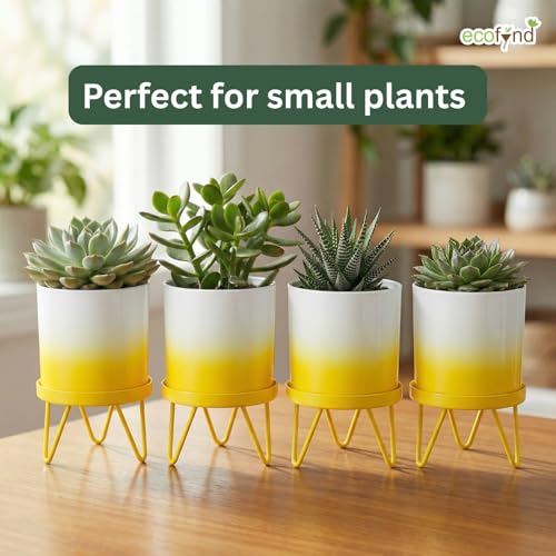 Image of ecofynd Lucas Metal Plant Pot with Yellow Stand, Modern Style Planter Set, Indoor Outdoor Home Decor Item for Garden Plants Flower, Balcony, Patio, Living Room, Garden, Bedroom (PWS032-WHTYLW)