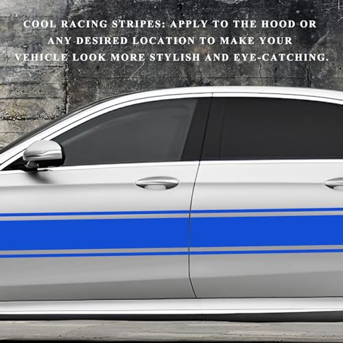 Image of 2 PCS Car Hood Sticker, 70.9 inch x 7.3 inch Waterproof Racing Stripes Auto Body Side Decals, Sports Style Hood Sticker Exterior Decoration for Most Vehicles, Car Accessories (Blue)