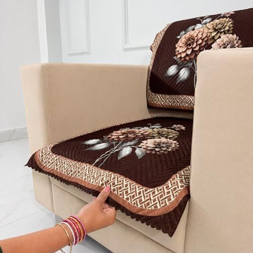 Image of Homerz 'Brooklyn Series' Premium Sofa Cover | Quilted Floral Design | Non-Slip Washable Sofa Protector | Soft Anti Slip Fabric (Brown, 1 Seater, Seat Cover with Backrest)
