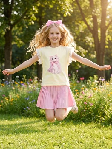 Image of Girls Ruffle Sleeves Shirt Cat Graphic Tee Cute Summer Short Sleeve Top for Teens 6-16Y