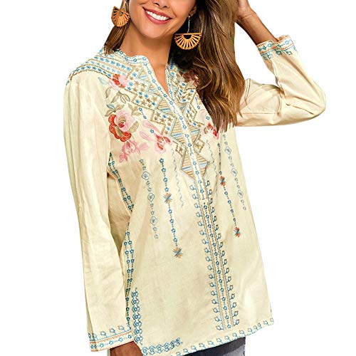 Ak Women's Embroidered Tops Mexican Shirt V Neck Summer Casual Tops Peasant Tunic Loose Blouse (As1, Alpha, S, Regular, Regular, 127-Yellow) #TOP1