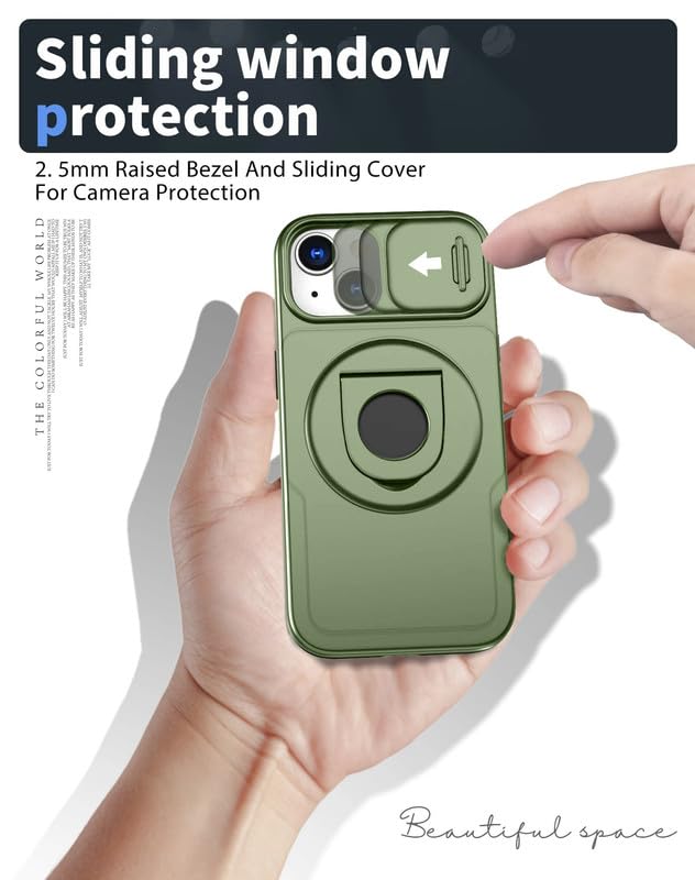 Image of LuxuryKase MagSafe Shockproof Rugged Back Case for iPhone 14 Plus | Finger Ring Kickstand & Sliding Camera Cover | Military Drop Protection | Wireless Charging Support - Green