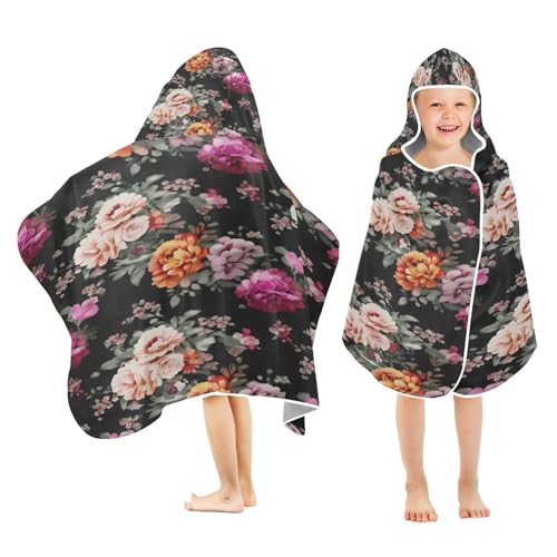 Kigai Colorful Peonies Hooded Beach Towel for Kids Soft Absorbent Quick Dry Bath Towel with Hood Lightweight Toddler Shower Pool Bath Wrap for Boys Girls