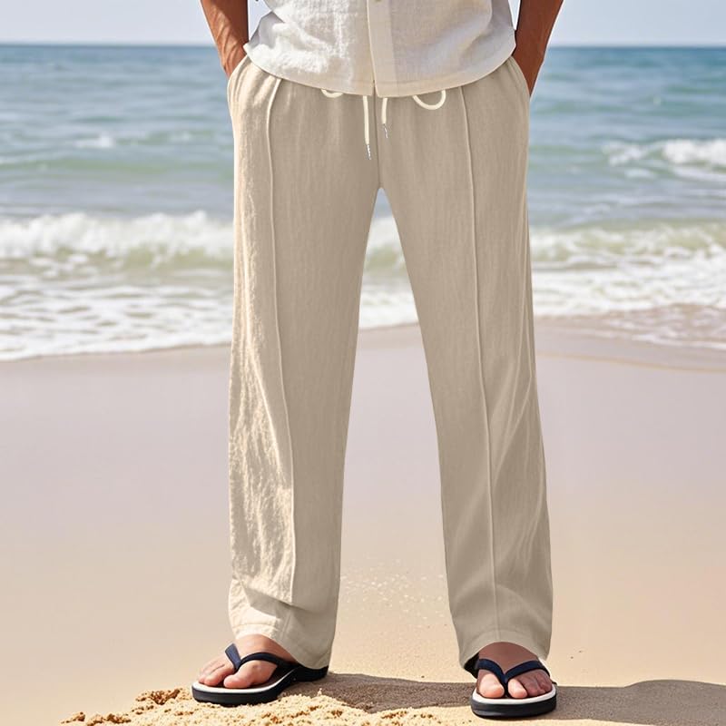 Mens Linen Cotton Pants Loose Fit High Waist Baggy Straight Leg Beach Vacation Casual Trousers with Pockets2
