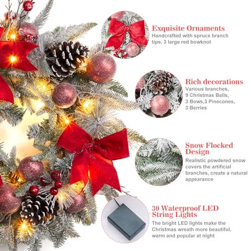 24" Prelit Christmas Wreath with Lights, Battery Operated Xmas Garland with Decorations, Wreath for Front Door Porch Wall Window Fireplace Outdoor Home Holiday Accent