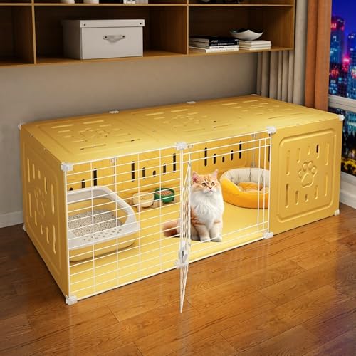 猫の囲い 猫 ケージ 組み立て式 インタラクティブ 猫 ゲージ キャットハウス 猫ケージ 大型猫用パティオ ケージ猫 遊び場 屋内 屋外 猫用ケージ 猫 ペットケージ 猫 チンチラ フェレット ウサギ ペット 小動物用 金属ワイヤー(Yellow)