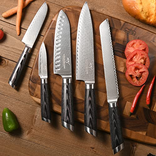 NANFANG BROTHERS Damast-Küchenmesser-Set 7-teilig, VG10 Japanisches Profi-Küchenmesser-Set Damast mit Buchen-Messerblock, Scheren… – Ansicht 5