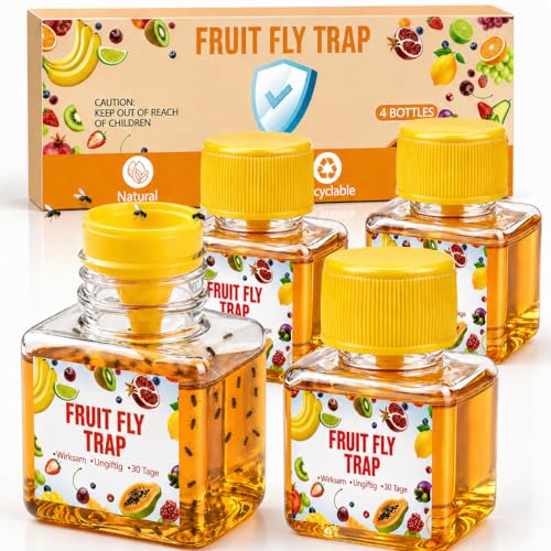 Fruchtfliegenfalle - 4 Stück Fliegenfalle Innenbereich Obstfliegenfalle Bekämpfen für Küche Obstkorb Spüle Vorrat mit Trichter bis zu 3 Wochen Leistung pro Flasche Kinder-und Haustierfreundlich