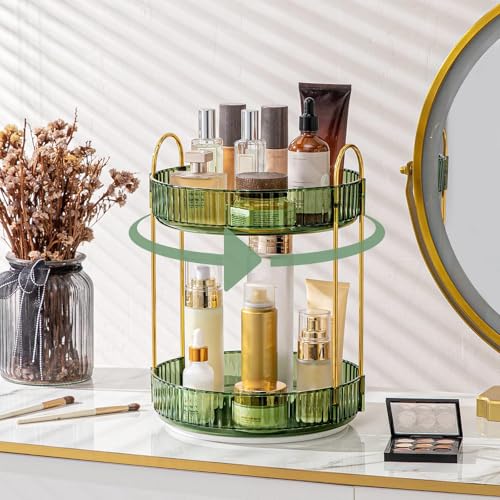 Weidace 360 Rotating Makeup Organizer for Vanity, Bathroom Countertop Spinning Perfume Organizer, High-Capacity Cosmetic and Skincare Dresser Make Up Holder Rack (2 Tiers, Green)