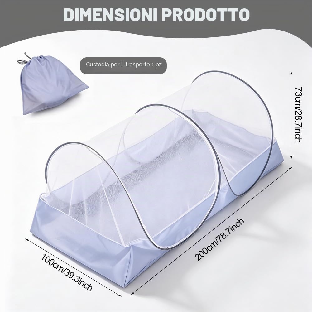 Zanzariera pop-up, 200 x 100 cm, pieghevole, per letto matrimoniale, zanzariera da viaggio, ultraleggera, con fondo per campeggio e casa