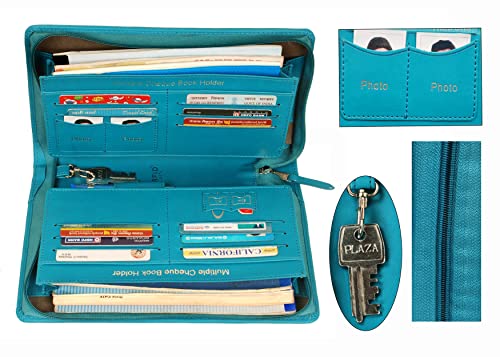 Image of Sukeshcraft Multiple Cheque Book Holder | Original PU Holds Upto 8 Cheque Books, Locker Key Hook, 2 Photo Slots, 1 Pin-Sim Slot, 13 Credit /Debit Card Slots with Matching Zipper (PU -Sea Green)