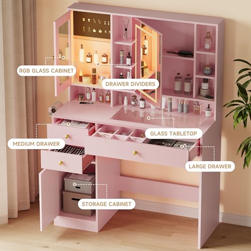 Image of HUANLEGO Vanity Desk with Mirror and Lights, Pink Vanity with Lighted Mirror and RGB Cabinet & Jewelry Organizers, Makeup Vanity Desk with Lights, Glass Top Dressing Table for Girls Bedroom