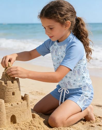 Image of Lovekider Girls Swimsuits Two Piece Rash Guard Set Short Sleeve Bathing Suit Liner Swimwear with Sun Protection 3-12T