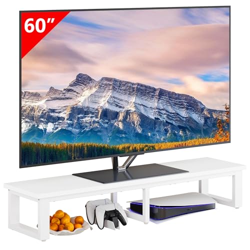 Clikuutory 45' Large TV Riser for 32-60 inch TVs, Tabletop Stand with Steel Legs, Storage & Dual - Screen Office Desk Function, Ideal for Home Office, Bedroom, Living Room, White