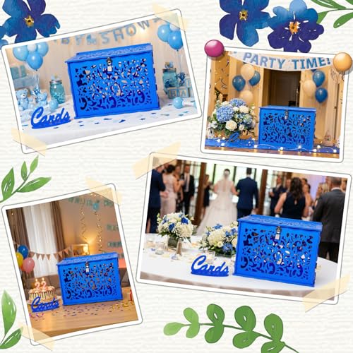 Image of OurWarm Blue Wedding Card Box with Lock, Large PVC Gift Card Boxes for Wedding Decorations for Reception, Durable Money Honeymoon Fund Box for Bridal Shower, Baby Shower & Party Displays