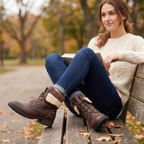 GLOBALWIN Women's Combat Boots Dressy Lace Up Brown Ankle Boots For Women Low Heel Size 9M - image 2
