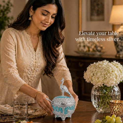 Image of Diviniti Luxury German Silver Peacock Decorative Bowl with Spoon & Gift Box | Royal Turquoise Decorative Dry Fruit & Mishri Container | Premium Serving Bowl for Dining, Wedding & Festive Gift (16 cm)