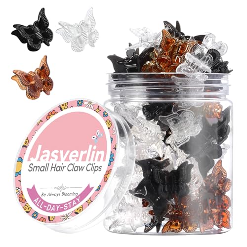 JASVERLIN Lot de 50 mini pinces à cheveux en forme de papillon noir marron transparent pour femmes et filles, petits papillons ou cheveux courts fins en vrac (classique)