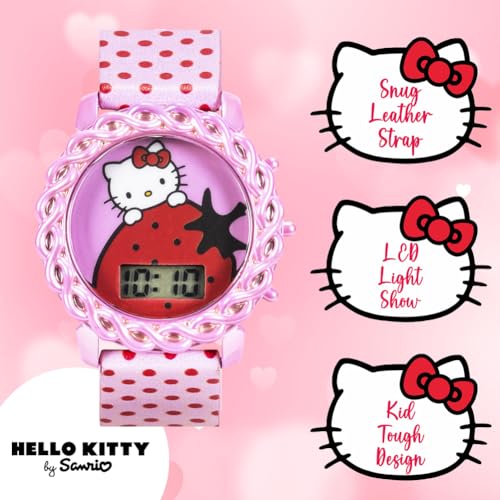 Hello Kitty Kids Digital Watch with LED Display, Pink Polka Dot PU Leather Strap, Adorable Strawberry Design, Fun Light-Up Feature, Durable & Adjustable Fit for Wrist Sizes 5.5" to 8"3