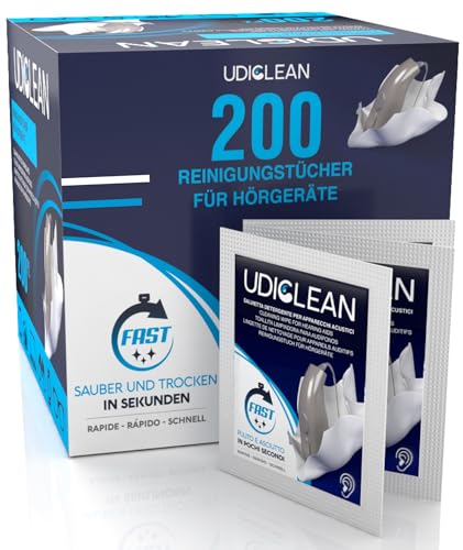 200 Hörgeräte-Reinigungstücher - Udiclean Hörgeräte-Reinigungstücher - einzeln verpackt - entfernt Fett Schweiß Schmutz - schnelltrocknende Reinigung