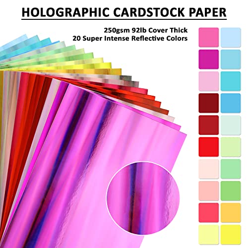 40 Sheets Holographic Card Stock Paper 20 Colors Assorted Intense Refelective Cardstock 250Gsm For Smart Die Cutting Machine, Scrapbook, Diy Crafts #TOP2