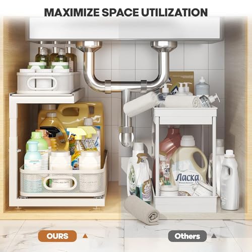 Image of 2-Pack 21.3 IN Depth Under Sink Organizer With Next-Gen Ball-Bearing Slides,Sophisticated Mesh 2-Tier Pull Out Shelf for Kitchen & Bathroom,Fits Small Items-White(Patented)