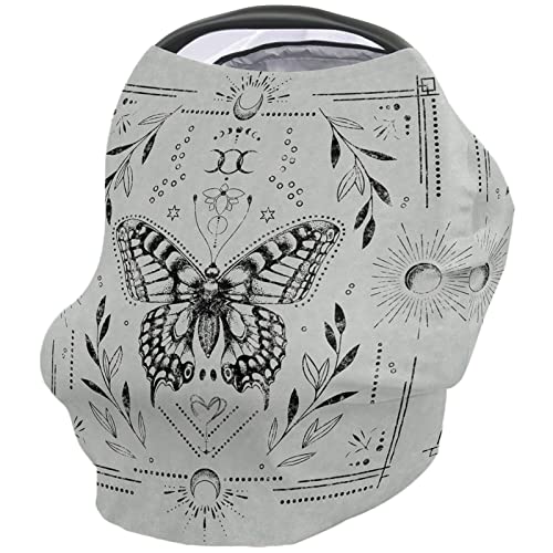 Nursing Cover for Breastfeeding Scarf, Sun Flowers Butterflies Grey Baby Car Covers Super Soft Multi Use for Canopy Shopping Cart Cover Blanket Stroller Cover