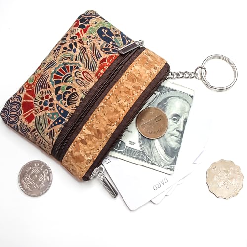Eco-friendly Natural Cork Coin Purse, Boshiho Mini Coin Change Wallet Credit Card Holder Zipper Pouch Vegan Wallet with Key Ring Keychain2