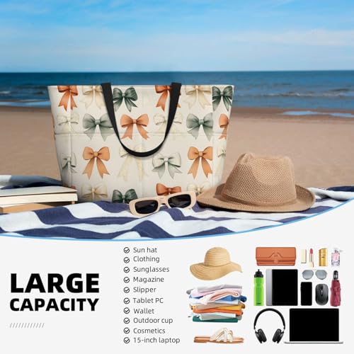 Large Beach Bags for Women Sandproof - Elegant Bow Print Summer Work Travel Tote Bags with Zipper4