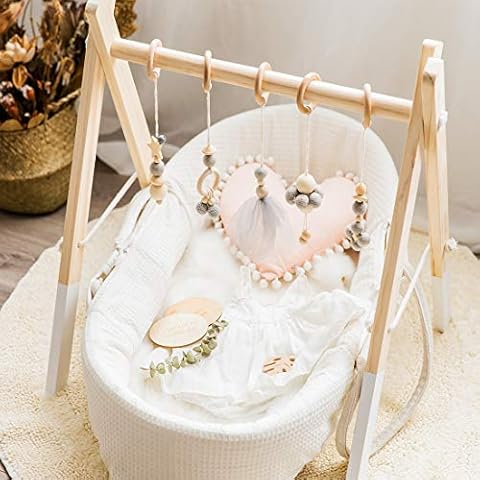 Mamimami Home Wooden Baby Play Gym Pendant Frame Wood Ring Wool Balls Handmade Rattles Newborn Gift Baby Girl and Boy Gym(Gray) Cover