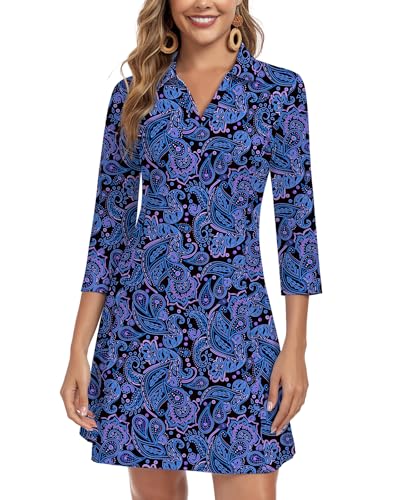 WOWENY 3/4 Sleeve Dress for Women with Pockets V Neck UPF 50+ Casual Sun Dress Breathable Quick Dry Beach Vacation