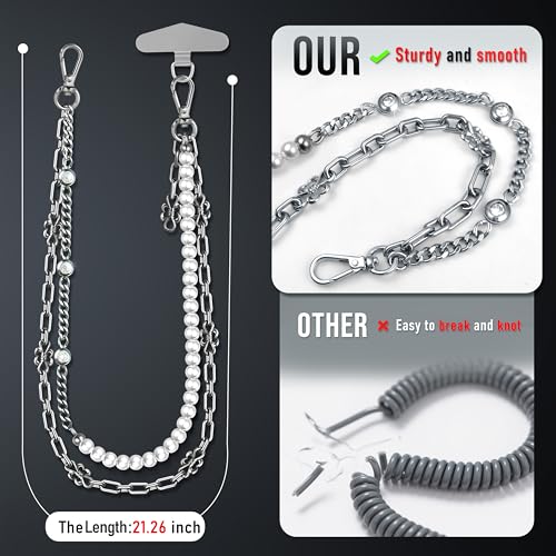 Image of ROCONTRIP Anti-Theft Phone Lanyard Tether & Pants Chain Heavy-Duty Phone Strap With Metal Tether Tab (White Silver)