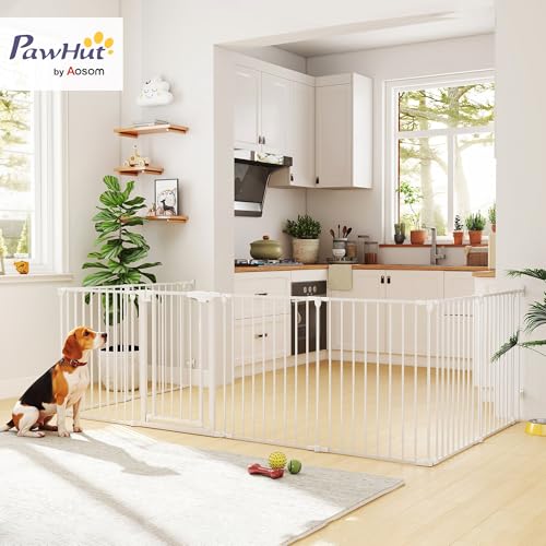 PawHut Welpenauslauf, 6-teilig Welpenlaufstall mit Tür, faltbar Laufstall Baby mit Doppelverriegelungssystem, 61x75cm Hundelaufstall für drinnen und draußen, für Kinder kleine mittelgroße Hunde Weiß