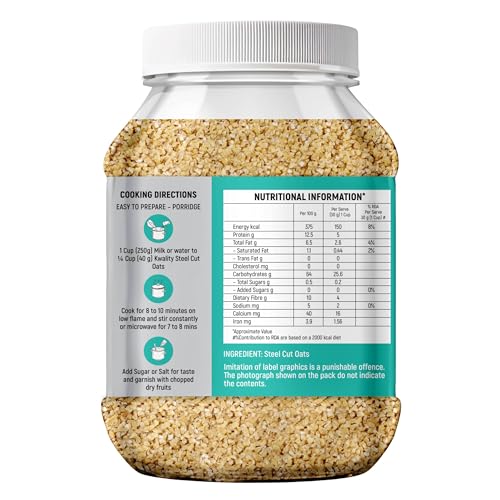 Image of Kwality Steel Cut Oats 1.5 kg Jar Pack | Pure Wholegrain Oatmeal | High Fiber & Protein | Ideal for Weight Loss, Healthy Breakfast & Clean Eating Diet | 1500 g