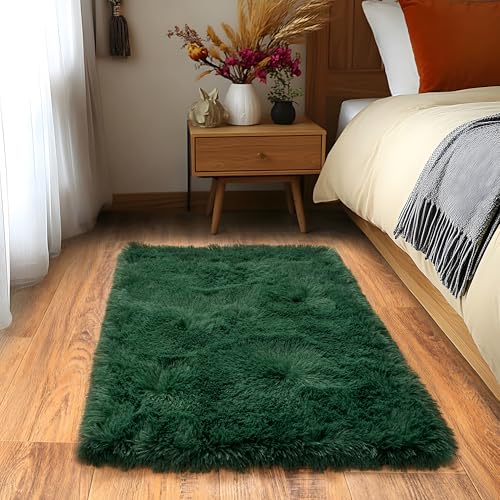 Quntue Small Area Rug, 2x3 Shaggy Throw for Bedroom & Kids Room, Plush Comfy Fluffy Bedside Rug for Home Decor, Blackish Green