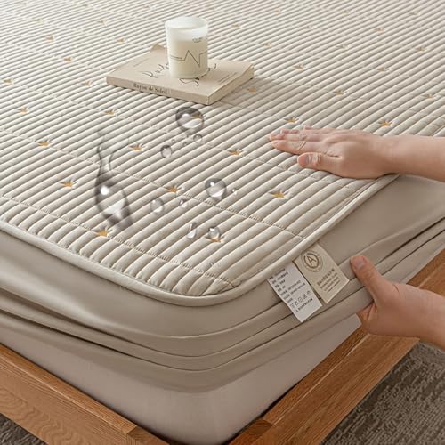 Daesar Conjunto Sabana Bajera y Protector con 1 Funda de Almohada,Patrón de Estrellas con Color Sólido Poliéster Algodón Sabana Bajera Ajustable Caqui Claro,90 x 200 CM