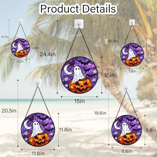 Image of Stained Glass Window Hanging Halloween Horror Pumpkin 11.8 inch - Suncatcher Door Garden Sunroom Gothic Style Ghost Bat Sun Catcher Birthday for Friend Mom Men Woman Nana
