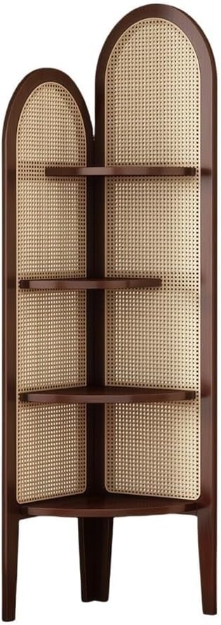 4 Tier Corner Shelf, Rattan Display Shelves with Solid Wood Frame, Bookshelf Stand for Living Room, Bedroom, or Office(Brown)