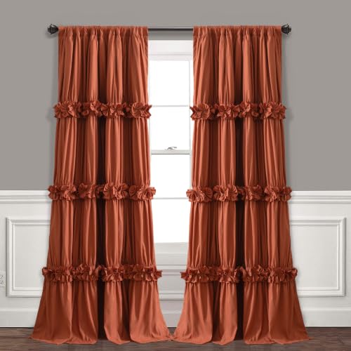 Image of Homechoice Decor Thermal Insulated Blackout Window Curtains, 54 inch W x 84 inch L Pair, Boho Ruched Window Treatments with 3 Rows of Butterfly Flowers, Rustic Rod Pocket Drapes for Room, Burnt Orange (LQ-30)