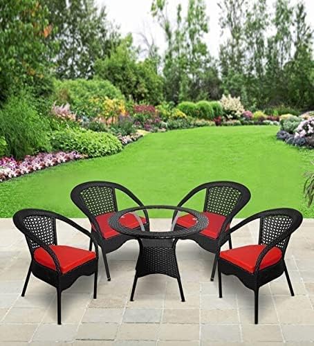 Image of India 4+1 Outdoor Indoor Patio Furniture Set - Rattan Chair Conversation Set for Poolside, Lawn, Balcony, Rooftop, Garden - With Cushions (Black & Red)